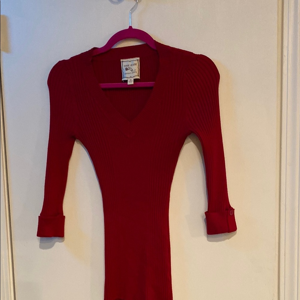 Pink Rose Red V-Neck Sweater with Long Sleeves